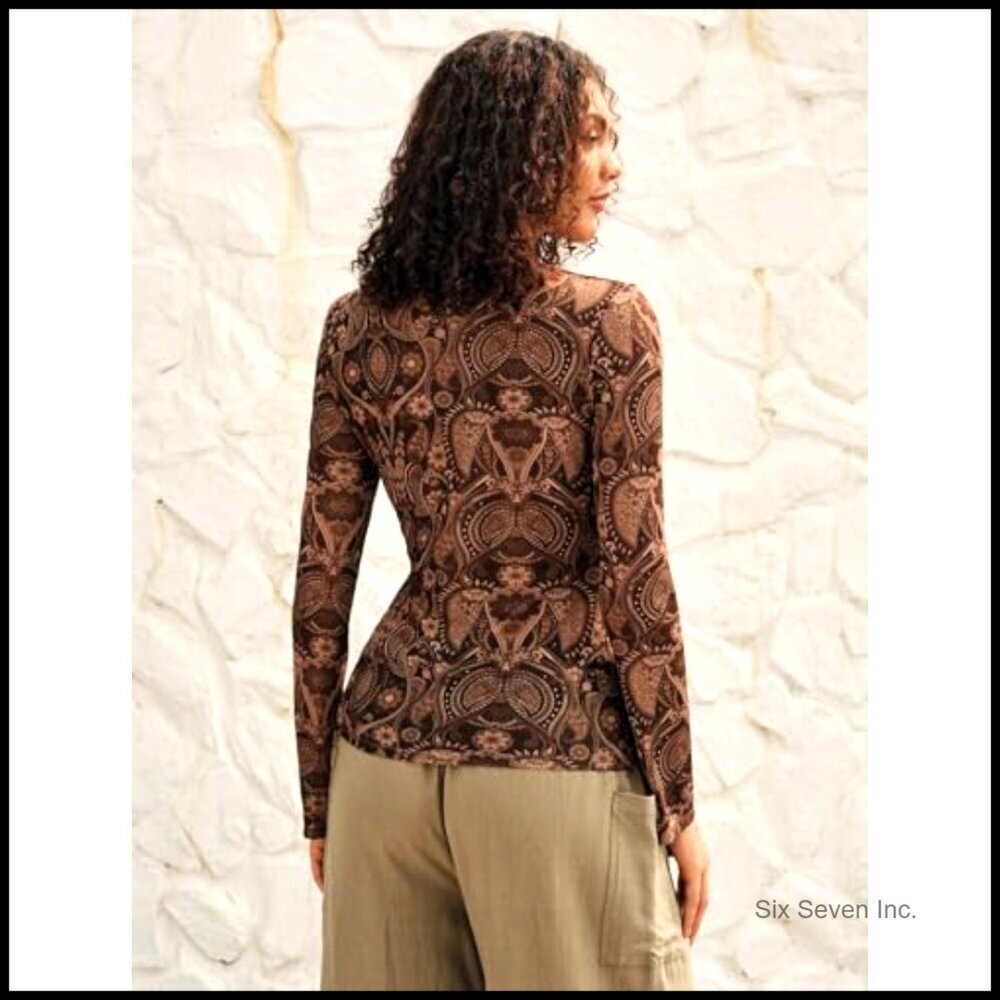 Boho Paisley Print Button Down Shirt Y2K Retro Long Sleeve Fitted Top - Picture 3 of 5